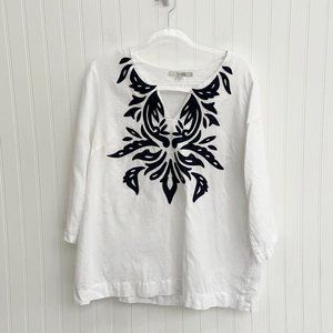 Boden Anthropologie White Linen Embroidered Tunic Blouse